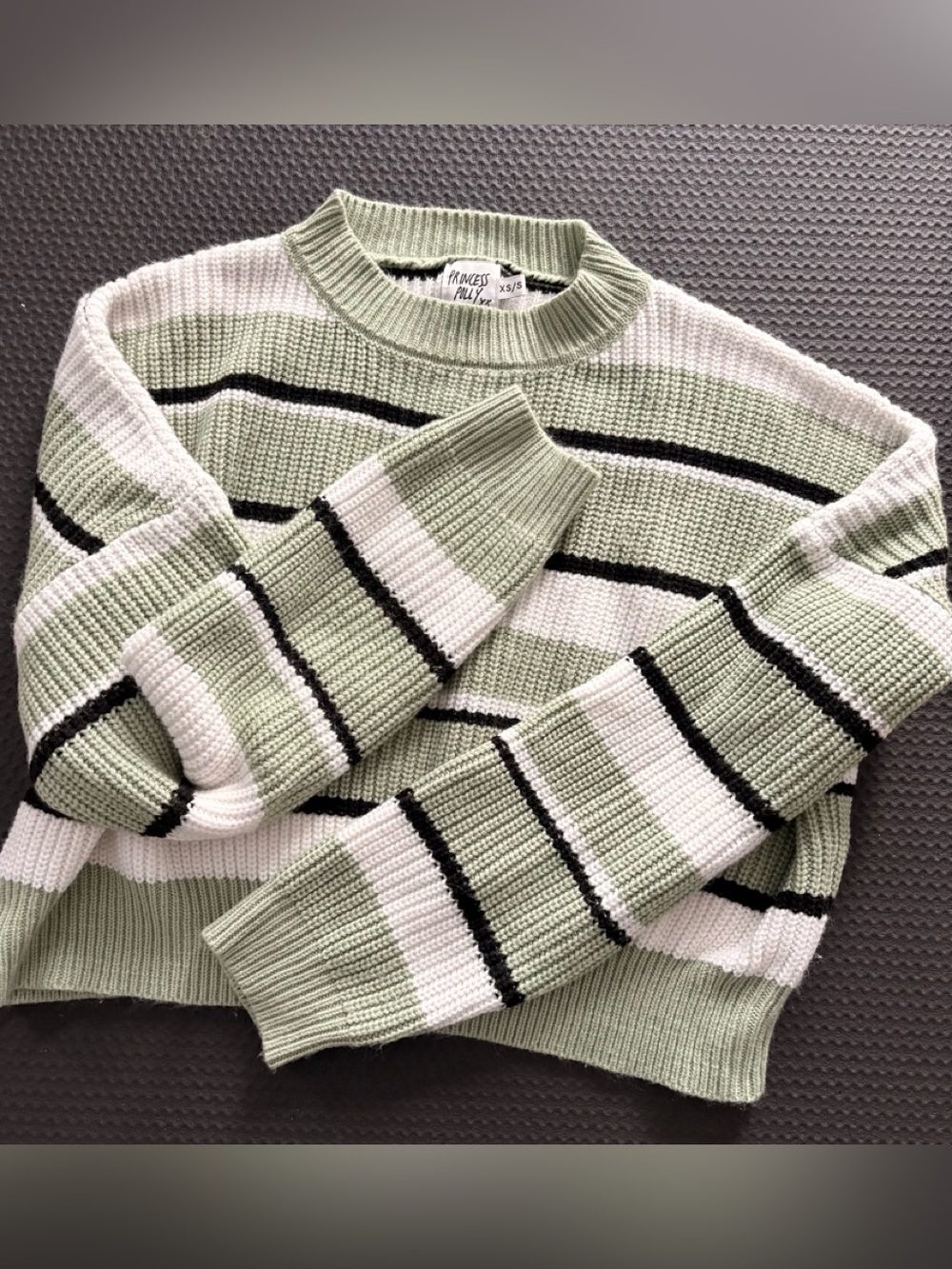 Princess Polly Light Sage, White & Black Striped Crewneck Sweater